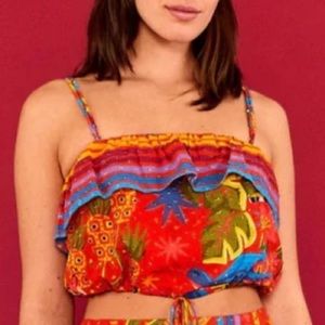 Farm Rio Magic Forest Crop Top Strapless Red Green Multi S